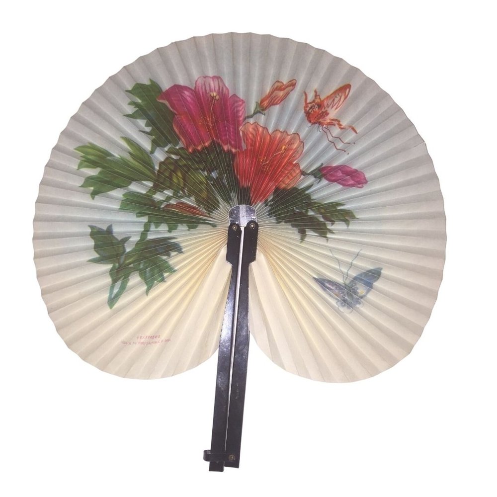 Vintage Shanghai Chinese Folding Paper Hand Fan with Flowers and Butterflies